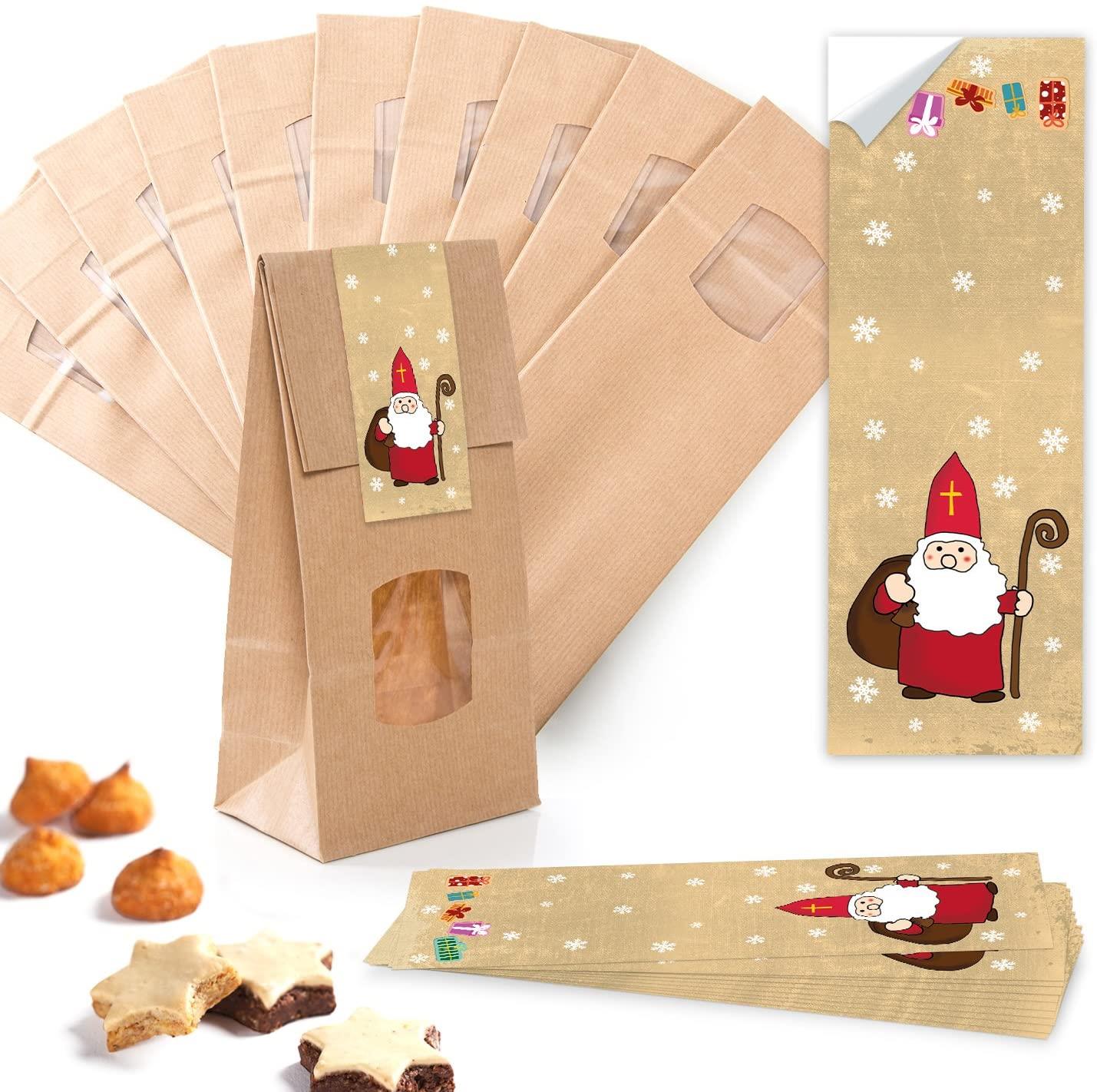 10 Weihnachtstüten (10,5 x 6,5 x 29 cm) mit FENSTER lebensmittelecht + 24 weihnachtliche Aufkleber mit 4 cm Durchmesser